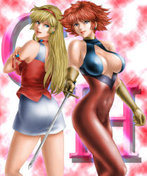 Rule 34 | 2girls, armband, ass, back-to-back, blonde hair, blue eyes, bodysuit, breasts, choker, cleavage, cutie honey, cutie honey (character), dual persona, earrings, gloves, heart, jewelry, kisaragi honey, large breasts, lipstick, long hair, looking back, magical girl, makeup, miniskirt, multiple girls, non-web source, rapier, red hair, short hair, skin tight, skirt, sword, tank top, toei animation, toten (der fuhrer), weapon