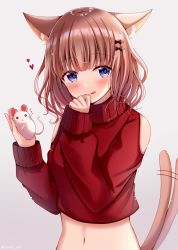 Rule 34 | 1girl, :q, ^^^, afterimage, animal, animal ears, black bow, blue eyes, blunt bangs, blush, bow, brown hair, cat ears, cat girl, cat tail, closed mouth, clothing cutout, commentary request, grey background, hair bow, hair ornament, hairclip, hands up, heart, holding, holding animal, long sleeves, looking at viewer, mouse (animal), navel, original, red sweater, sakura hiyori, shoulder cutout, simple background, sleeves past wrists, smile, solo, sweater, tail, tail wagging, tongue, tongue out, upper body