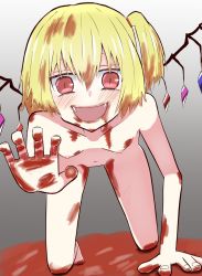 Rule 34 | 1girl, abichandayo, blonde hair, blood, blood on face, blood on hands, blood splatter, blush, breasts, crystal, fang, flandre scarlet, looking at viewer, nude, open mouth, reaching, reaching towards viewer, red eyes, short hair, side ponytail, small breasts, smile, touhou, wings
