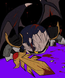 Rule 34 | 1boy, 93mai, black background, blood, broken mask, commentary request, highres, holding, holding sword, holding weapon, injury, kirby (series), male focus, mask, meta knight, nintendo, on ground, simple background, solo, sword, weapon, wings, yellow eyes