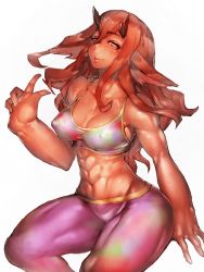 Rule 34 | abs, armpit peek, armpits, breasts, commentary, covered erect nipples, fumio (rsqkr), furry, furry female, highres, horns, jackalope, leggings, long hair, medium breasts, navel, red fur, red hair, simple background, smile, solo, tank top, thick eyebrows, thick thighs, thighs, toned