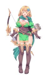 Rule 34 | &gt; &lt;, 1girl, amane hasuhito, arrow (projectile), blonde hair, boots, bow (weapon), breasts, brown footwear, brown gloves, cape, cleavage, elf, full body, gloves, green cape, highres, holding, holding bow (weapon), holding weapon, medium breasts, open mouth, original, pointy ears, simple background, smile, solo, standing, thigh boots, thighhighs, thighs, weapon, white background