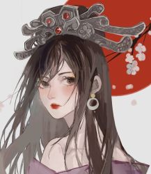 Rule 34 | 1girl, bare shoulders, blush, branch, brown hair, chi lian (qin shi ming yue), closed mouth, earrings, falling petals, flower, from side, grey background, highres, hua ze la baicai, jewelry, long hair, looking to the side, petals, qinshi mingyue, red circle, solo, tiara, upper body