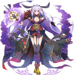 Rule 34 | 1girl, :&gt;, absurdly long hair, breasts, cleavage, collarbone, detached sleeves, familiar, full body, hair ornament, holding, holding staff, holding sword, holding weapon, kanna (chaos966), large breasts, long hair, looking at viewer, official art, oshiro project:re, oshiro project:re, rabbit, red eyes, shinguu (oshiro project), solo, staff, sword, thighhighs, transparent background, very long hair, weapon, white hair