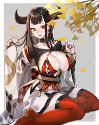 Rule 34 | 1girl, adjusting hair, animal print, black hair, black nails, bracelet, breasts, bridal gauntlets, cleavage, collar, collarbone, cow horns, cow print, detached sleeves, earrings, eyeshadow, highres, holding, holding leaf, horn ornament, horn ribbon, horns, jewelry, large breasts, leaf, long hair, long sleeves, looking at viewer, makeup, mole, mole on breast, nail polish, navel, open mouth, pale skin, re:act, red eyes, red thighhighs, ribbon, sash, sitting, smile, solo, temu (tem27), thighhighs, thighs, ushio tia, very long hair, virtual youtuber, wide sleeves, yokozuwari