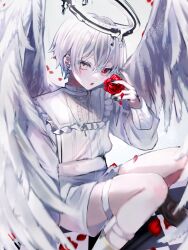 Rule 34 | 1boy, angel, angel day, angel wings, black nails, cross, cross necklace, earrings, eru xxx, flower, halo, heterochromia, highres, jewelry, male focus, necklace, open mouth, original, red eyes, red flower, red rose, rose, shorts, solo, thigh strap, white eyes, white hair, white shorts, white wings, wings