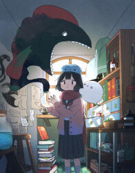 Rule 34 | 1girl, absurdres, animal, animal on head, black eyes, black hair, book, book stack, bottle, broom, buttons, candlestand, commentary request, day, feet out of frame, fish, ghost, grey sailor collar, grey skirt, highres, holding, holding bottle, indoors, jacket, jellyfish, long sleeves, mamei mema, medium hair, neckerchief, on head, open clothes, open jacket, original, pink jacket, pleated skirt, red neckerchief, red scarf, sailor collar, sailor shirt, scarf, school uniform, serafuku, shelf, shirt, skirt, socks, solo, standing, stool, tareme, white shirt, white socks, window