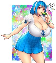 Rule 34 | 1girl, blouse, blue hair, blue skirt, breasts, cleavage, curvy, english text, erkaz, floral background, hairband, highres, huge breasts, instrument, kazoo, medium hair, original, red eyes, rina atherina, shirt, skirt, speech bubble, thighs, white hairband, white shirt