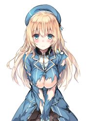 Rule 34 | 10s, 1girl, atago (kancolle), black pantyhose, blonde hair, blue eyes, blue hat, blush, breasts, hat, highres, hiten (hitenkei), kantai collection, large breasts, long hair, looking at viewer, military, military uniform, pantyhose, personification, simple background, solo, tears, torn clothes, underboob, uniform, v arms, white background