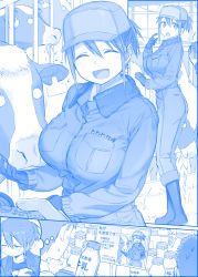 Rule 34 | 1girl, 2boys, ass, blank stare, blue theme, boots, bottle, breast pocket, breasts, camera, closed eyes, clothes lift, comic, commentary, commentary request, cow, eating, getsuyoubi no tawawa, gloves, hat, himura kiseki, jumpsuit, large breasts, milk, milk bottle, monochrome, multiple boys, open mouth, pocket, price tag, rubber boots, shirt lift, short hair, silent comic, smile, sparkle, sweat, sweatdrop, tag, thinking, translated