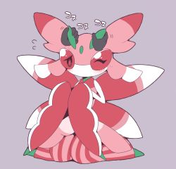 Rule 34 | 1girl, antennae, arthropod girl, blush, colored skin, creatures (company), disembodied hand, female focus, flat chest, flat color, full body, game freak, gen 7 pokemon, highres, japanese text, kneeling, knees together feet apart, looking at viewer, lurantis, nintendo, no mouth, one eye closed, own hands together, pink eyes, pink skin, pokemon, pokemon (creature), purple background, simple background, solo focus, subaru331, sweat, translation request, white skin, wince