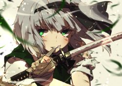 Rule 34 | applying bandages, bandaged hand, bandages, black bow, black bowtie, black hairband, black ribbon, blurry, blurry foreground, bow, bowtie, commentary, dust, floating hair, glint, green eyes, green vest, grey hair, hair ribbon, hairband, hand up, holding, holding sword, holding weapon, kaazu, katana, konpaku youmu, light particles, looking to the side, motion blur, mouth hold, portrait, ribbon, scrape, serious, shirt, short hair, short sleeves, sidelocks, solo, sword, teeth hold, torn clothes, torn sleeves, touhou, tying, v-shaped eyebrows, vest, weapon, white shirt, wind