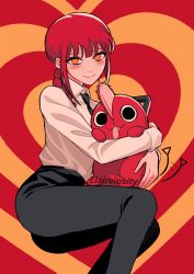 Rule 34 | 1boy, 1girl, :3, animal, artist name, black legwear, black neckwear, black pants, blunt bangs, blush, braid, braided ponytail, chainsaw, chainsaw man, claireiosity, closed mouth, collared shirt, dog, happy, heart, heart-shaped pupils, highres, holding, holding animal, hug, long hair, long sleeves, looking at viewer, makima (chainsaw man), multicolored eyes, necktie, pale skin, pants, pochita (chainsaw man), red background, red eyes, red hair, shirt, shirt tucked in, sidelocks, sleeves past elbows, smile, symbol-shaped pupils, tongue, tongue out, twitter username, two-tone background, watermark, white shirt, yellow background, yellow eyes