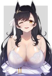 Rule 34 | 1girl, animal ears, atago (azur lane), azur lane, black hair, blush, bra, breast hold, breasts, cleavage, clothes pull, collarbone, commentary, crossed arms, eyelashes, gloves, grey background, hair between eyes, hair ribbon, lace, lace-trimmed bra, lace trim, large breasts, lips, long hair, long sleeves, looking at viewer, military, military uniform, mole, mole under eye, mon0351, one eye closed, open mouth, parted bangs, ribbon, sagging breasts, shirt, shirt pull, simple background, smile, solo, swept bangs, underwear, uniform, upper body, white background, white bra, white gloves, white ribbon, white shirt, yellow eyes