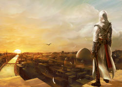 Rule 34 | 1boy, altair ibn la-ahad, assassin&#039;s creed, assassin&#039;s creed (series), bad id, bad pixiv id, cityscape, gloves, hood, male focus, middle eastern architecture, scenery, sheath, sky, solo, tomoe (casterm), vambraces, weapon, weapon on back