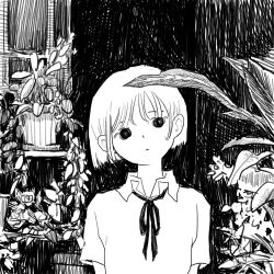 Rule 34 | 1girl, expressionless, greyscale, highres, looking at viewer, monochrome, nihiru0513, original, plant, potted plant, shirt, short hair, sketch, solo