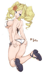 Rule 34 | 1girl, absurdres, ass, ass grab, back, bad id, bad twitter id, bare shoulders, bikini, blonde hair, blue eyes, blush, breasts, butt crack, drill hair, flower, from behind, grabbing own ass, hair flower, hair intakes, hair ornament, hands on ass, highres, honolulu (kancolle), kantai collection, kneeling, large breasts, long hair, looking at viewer, looking back, open mouth, ryo (tg290), sandals, shoulder blades, sideboob, smile, solo, spread ass, swimsuit, twin drills, twintails, white bikini