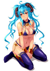 Rule 34 | 1girl, armlet, between legs, bikini, blue bikini, blue hair, blue thighhighs, blush, breasts, cleavage, closed mouth, collarbone, detached collar, full body, hair between eyes, hand between legs, highres, horns, large breasts, long hair, looking at viewer, lulu-chan92, micro bikini, original, red eyes, shiny clothes, shiny legwear, sideboob, simple background, sitting, smile, solo, swimsuit, thighhighs, underboob, very long hair, wariza, white background