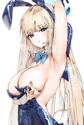 Rule 34 | 1girl, animal ears, arm up, armpits, blonde hair, blue archive, blue eyes, blue leotard, blush, bow, bowtie, breasts, detached collar, earpiece, fake animal ears, halo, highres, large breasts, leotard, long hair, looking at viewer, official alternate costume, playboy bunny, poharo, rabbit ears, simple background, solo, strapless, strapless leotard, sweat, toki (blue archive), toki (bunny) (blue archive), very long hair, white background, wrist cuffs