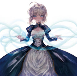 Rule 34 | 1girl, ahoge, artoria pendragon (all), artoria pendragon (fate), blonde hair, blue eyes, blush, braid, breasts, cleavage, dress, eyelashes, facing viewer, fate/stay night, fate (series), french braid, holding, holding sword, holding weapon, long sleeves, looking at viewer, palms, parted lips, puffy long sleeves, puffy sleeves, saber (fate), short hair, sidelocks, small breasts, solo, sword, takatora, turtleneck, weapon