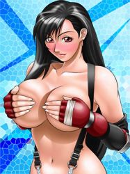 Rule 34 | 1990s (style), 1girl, artist request, black hair, blush, breasts, covering privates, covering breasts, elbow gloves, final fantasy, final fantasy vii, fingerless gloves, gloves, hand bra, large breasts, red eyes, solo, suspenders, tifa lockhart, topless