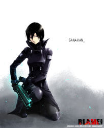 Rule 34 | 1girl, androgynous, arm cannon, black hair, blame!, breasts, graviton beam emitter, gun, highres, sanakan, short hair, simple background, solo, tsukasa (evening-g-low), weapon