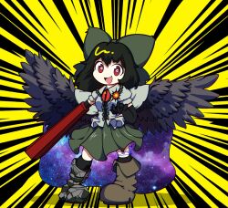 Rule 34 | 1girl, arm cannon, atom, bird wings, black background, black gloves, black hair, black socks, black wings, boots, bow, breasts, bright pupils, brown footwear, cape, center frills, collared shirt, commentary request, control rod, elbow gloves, feathered wings, frilled shirt collar, frills, full body, gloves, green bow, green skirt, hair bow, highres, kneehighs, long hair, looking at viewer, medium bangs, medium breasts, open mouth, print cape, red eyes, reiuji utsuho, rn (sbr2933090), shirt, shoes, short sleeves, single shoe, skirt, smile, socks, solo, standing, starry sky print, third eye, touhou, two-tone background, weapon, white cape, white pupils, white shirt, wings, yellow background