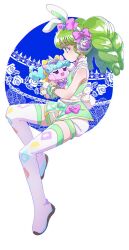 Rule 34 | 1girl, animal ears, boots, colored eyelashes, commentary, fake animal ears, falulu, from side, full body, green hair, green shirt, headphones, highres, holding, holding stuffed toy, invisible chair, long hair, pretty series, pripara, profile, rabbit ears, rabbit tail, shirt, sidelocks, sitting, solo, stuffed toy, symbol-only commentary, tail, thigh boots, twintails, unicorn (pripara), white footwear, yadehi