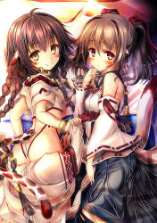 Rule 34 | 2girls, absurdly long hair, absurdres, ahoge, ainu clothes, animal ears, anju (utawarerumono), aquaplus, arm up, ass, back, bare shoulders, black hair, blush, bracelet, braid, breasts, brown eyes, brown hair, butt crack, clenched hand, closed mouth, clothes grab, clothes lift, unworn clothes, cowboy shot, crop top, dress, from above, from behind, from side, gradient eyes, gradient hair, hair between eyes, hair ribbon, highres, huge ass, huge filesize, japanese clothes, jewelry, kaisu, long hair, looking at viewer, looking to the side, lying, miko, multicolored eyes, multicolored hair, multiple girls, nekone (utawarerumono), off shoulder, on side, panties, parted lips, raised eyebrows, ribbon, shiny clothes, shiny skin, short sleeves, sidelocks, sleeveless, small breasts, smile, tail, toned, toned female, twintails, underwear, utawarerumono, utawarerumono: futari no hakuoro, utawarerumono: itsuwari no kamen, very long hair, wide sleeves
