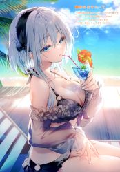 Rule 34 | 1girl, absurdres, bare shoulders, beach, beach chair, bikini, blue eyes, blurry, blurry background, breasts, cleavage, collarbone, cup, day, drinking straw, fingernails, flower, food, fruit, hair ornament, hairband, hibiscus, highres, holding, large breasts, lips, ocean, orange (fruit), orange slice, original, outdoors, parted lips, riichu, scan, see-through, short hair, simple background, sitting, solo, swimsuit, thighs, tropical drink, water, white hair