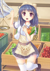 Rule 34 | 1girl, bell pepper, blue hair, blush, cabbage, carrot, collarbone, collared shirt, food, highres, holding, holding food, layered clothes, lettuce, looking at viewer, miniskirt, open mouth, original, pepper, potato, purple eyes, shirt, short hair, short sleeves, skirt, smile, solo, standing, standing on one leg, thighhighs, tomato, umitonakai, weighing scale, white thighhighs
