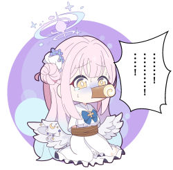 Rule 34 | ...!, 1girl, blue archive, blue bow, blue flower, bound, bow, cake, capelet, chibi, commentary request, dress, feathered wings, flower, food, food in mouth, frilled dress, frills, hair bun, hair flower, hair ornament, halo, highres, long hair, low wings, mika (blue archive), nyaru (nyaru 4126), outside border, pink hair, restrained, round image, single side bun, solo, sweat, swiss roll, tears, tied up (nonsexual), turn pale, very long hair, white capelet, white dress, white wings, wings, yellow eyes