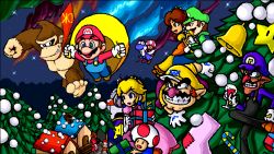 Rule 34 | 4girls, 6+boys, alcohol, aliasing, aurora, birdo, blonde hair, blue eyes, boots, bow, building, candy, candy cane, cape mario, castle, christmas, crown, diddy kong, donkey kong, donkey kong (series), dress, earrings, facial hair, flying, food, gate, gift, glass, grin, hat, house, jewelry, luigi, mario, mario (series), monkey, multiple boys, multiple girls, mustache, necktie, night, nintendo, outdoors, princess, princess daisy, princess peach, red hair, riding, sky, smile, star (sky), star (symbol), starry sky, super mario bros. 1, super mario land, super mario land 2, super mario world, super star, suspenders, teeth, thighhighs, toad (mario), toadette, waluigi, wario, wario land, wine, wings, yoshi