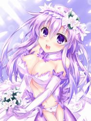Rule 34 | 1girl, :d, alternate costume, bare shoulders, blush, bouquet, breasts, bride, cameltoe, cleavage, commentary request, detached collar, dress, elbow gloves, feather trim, flower, gloves, hair between eyes, hair flower, hair ornament, highres, kazuneko (wktk1024), large breasts, long hair, looking at viewer, navel, nepgear, neptune (series), open mouth, panties, purple dress, purple eyes, purple hair, revealing clothes, smile, solo, teeth, thigh gap, underwear, upper teeth only