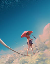 Rule 34 | 1girl, above clouds, barefoot, bird, blue sky, brown hair, cloud, commentary request, foreshortening, from behind, highres, holding, holding umbrella, medium hair, necktie, original, pleated skirt, power lines, purple skirt, red umbrella, scenery, school uniform, short sleeves, skirt, sky, solo, star (sky), starry sky, surreal, umbrella, utility pole, walking, wataboku