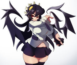 Rule 34 | 1girl, 2021, absurdres, black hair, blue background, breasts, cleavage, cowboy shot, filia (skullgirls), gradient background, highres, holding hands, huge breasts, large breasts, long hair, navel, naze, necktie, pleated skirt, plump, prehensile hair, red eyes, samson (skullgirls), school uniform, skirt, skullgirls, solo, standing, thick thighs, thighhighs, thighs, white background