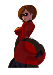 Rule 34 | 1girl, ass, bodysuit, boots, breasts, brown eyes, brown hair, curvy, domino mask, elastigirl, from behind, gloves, helen parr, highres, huge ass, large breasts, looking at viewer, looking back, mask, red bodysuit, shiny clothes, short hair, simple background, skin tight, solo, standing, superhero costume, the incredibles, thigh boots, thighhighs, tovio rogers, wide hips