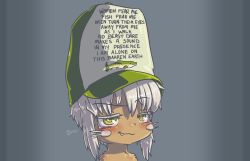 Rule 34 | 1other, :3, animal ears, blush, bune poster, english text, fang, fang out, fish, furry, gradient background, green eyes, grey background, hat writing, made in abyss, meme, nanachi (made in abyss), portrait, smug, whiskers, white hair, women fear me fish fear me (hat)