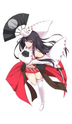 Rule 34 | 1girl, bare shoulders, black hair, boots, breasts, detached sleeves, fox mask, full body, hand fan, holding, holding fan, holding weapon, japanese clothes, kichihachi, kubota (oshiro project), large breasts, long hair, looking at viewer, mask, midriff, nontraditional miko, oshiro project:re, oshiro project:re, pink skirt, pleated skirt, purple eyes, short sword, skirt, solo, sword, thigh boots, thighhighs, transparent background, weapon