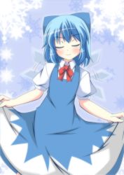 Rule 34 | 1girl, blue dress, blue hair, blue sky, blush, bow, cirno, curtsey, dress, closed eyes, hair bow, ice, ice wings, masiromu, puffy sleeves, shirt, short sleeves, sky, smile, solo, touhou, wings