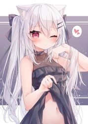 Rule 34 | 1girl, animal ears, clothes lift, dress, frilled dress, frills, hair ornament, heart, highres, jewelry, lifted by self, long hair, navel, necklace, original, red eyes, ringouulu, spoken heart, stomach, stomach day, twintails, white hair