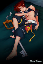 Rule 34 | 1boy, bad id, bad pixiv id, blue eyes, blush, briefs, brown hair, bulge, clothes lift, clothes pull, erection, erection under clothes, full body, gradient background, highres, jewelry, keyblade, kingdom hearts, male focus, male underwear, necklace, new race, nipples, on bed, open mouth, pants, pants pull, shirt lift, solo, sora (kingdom hearts), sweat, underwear, white male underwear