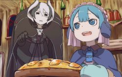 Rule 34 | 1boy, 1girl, :d, black cape, black eyes, black gloves, black hair, blue eyes, blue hair, bright pupils, cape, capelet, child, commentary request, food, gloves, hunchback, indoors, jacket, jitome, leaning forward, long sleeves, looking at another, made in abyss, maid, maid headdress, maruruk, mi (pic52pic), mittens, multicolored hair, open mouth, ozen, parted lips, shelf, short hair, smile, standing, trap, two-tone hair, whistle, white hair, window
