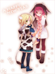 Rule 34 | 00s, 2009, 2girls, animal ears, animal print, bad id, bad pixiv id, blonde hair, braid, converse, cow ears, cow print, cow tail, hood, horns, koto (colorcube), long hair, multiple girls, new year, one eye closed, original, pantyhose, pink hair, red pantyhose, shoes, sneakers, tail, thighhighs, twin braids, wink