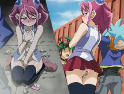 Rule 34 | 1boy, 2girls, aftersex, arms behind head, ass, bare arms, blue eyes, blue hair, blush, bottomless, breasts, character request, covering privates, covering crotch, day, embarrassed, from behind, goggles, goggles on head, green hair, hiiragi yuzu, legs, looking at viewer, looking away, looking back, makino tomoyasu, microskirt, multiple girls, no panties, outdoors, pink hair, school uniform, shiunin sora, shoes, short hair, sitting, skirt, sky, sleeveless, small breasts, sneakers, solo focus, standing, tearing up, thighhighs, thighs, twintails, wariza, yu-gi-oh!, yu-gi-oh! arc-v, zettai ryouiki