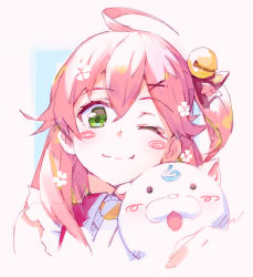 Rule 34 | 1girl, 35p (sakura miko), ahoge, azumi akitake, bell, cat, cherry blossom print, floral print, green eyes, hair bell, hair between eyes, hair ornament, hairclip, hololive, looking at viewer, one eye closed, pink hair, sakura miko, sakura miko (1st costume), virtual youtuber, x hair ornament