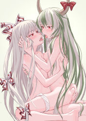 Rule 34 | 2girls, ass grab, barefoot, bow, breasts, ex-keine, female focus, fkey, fujiwara no mokou, green hair, hair bow, highres, horn bow, horn ornament, horns, kamishirasawa keine, long hair, medium breasts, multicolored hair, multiple girls, nail polish, nipples, nude, panties, panties around leg, pussy juice, red bow, red eyes, saliva, saliva trail, simple background, sitting, sweat, teeth, tongue, tongue out, touhou, underwear, upper teeth only, very long hair, white bow, white hair, yuri