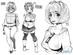 Rule 34 | blush, breasts, concept art, denim, glasses, highres, itami (maemukina do), large breasts, mature female, multiple views, sketch, skirt, smile