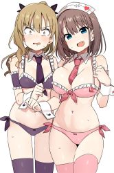 Rule 34 | 2girls, :d, @ @, armband, asymmetrical docking, bare shoulders, black ribbon, blonde hair, blue eyes, blush, bra, breast press, breasts, brown hair, cleavage, collar, collarbone, cowboy shot, detached collar, embarrassed, fang, frilled bra, frills, front-tie bra, groin, hair ribbon, hand on another&#039;s shoulder, hand up, hat, head tilt, heart, highres, knee up, large breasts, long hair, looking at viewer, medium breasts, multiple girls, navel, necktie, nurse cap, open mouth, panties, pink bra, pink legwear, pink neckwear, pink panties, ponytail, purple bra, purple legwear, purple neckwear, purple panties, ribbon, saki (manga), shisoneri, short hair, side-by-side, side-tie panties, sidelocks, simple background, skindentation, smile, standing, stomach, sweat, thighhighs, underwear, unozawa shiori, v-shaped eyebrows, watanabe rune, wavy hair, wavy mouth, white background, white collar, wrist cuffs