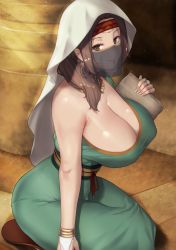 Rule 34 | 1girl, arabian clothes, aster crowley, bare shoulders, book, bracelet, breasts, brown eyes, brown hair, cleavage, curvy, dress, earrings, fate/grand order, fate (series), green dress, hair over shoulder, highres, holding, holding book, hoop earrings, iza, jewelry, large breasts, long hair, looking at viewer, mouth veil, sash, see-through, siduri (fate), sitting, smile, solo, stone tablet, veil, white hood